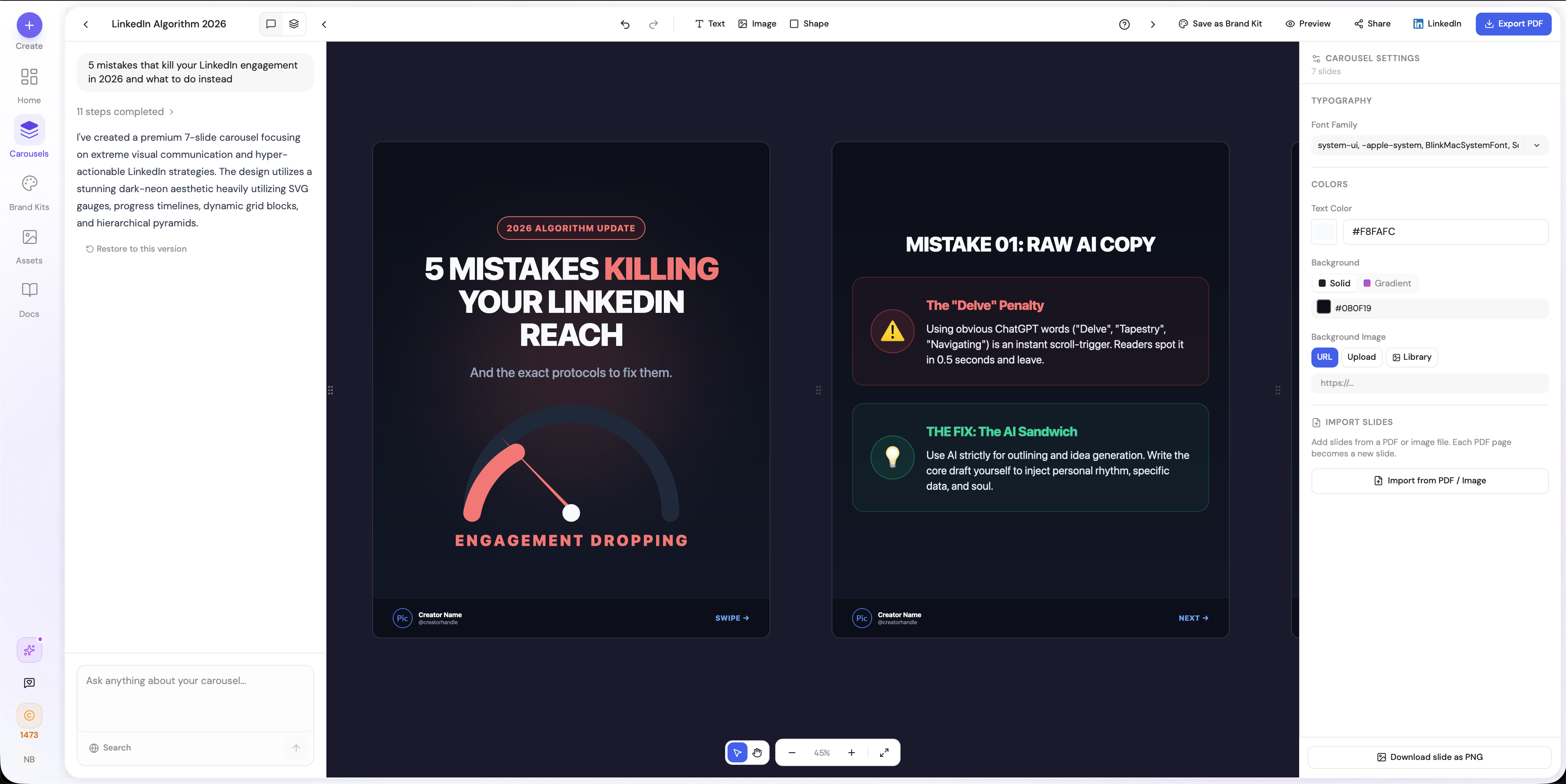 AI-generated carousel - complete text and design in 30 seconds