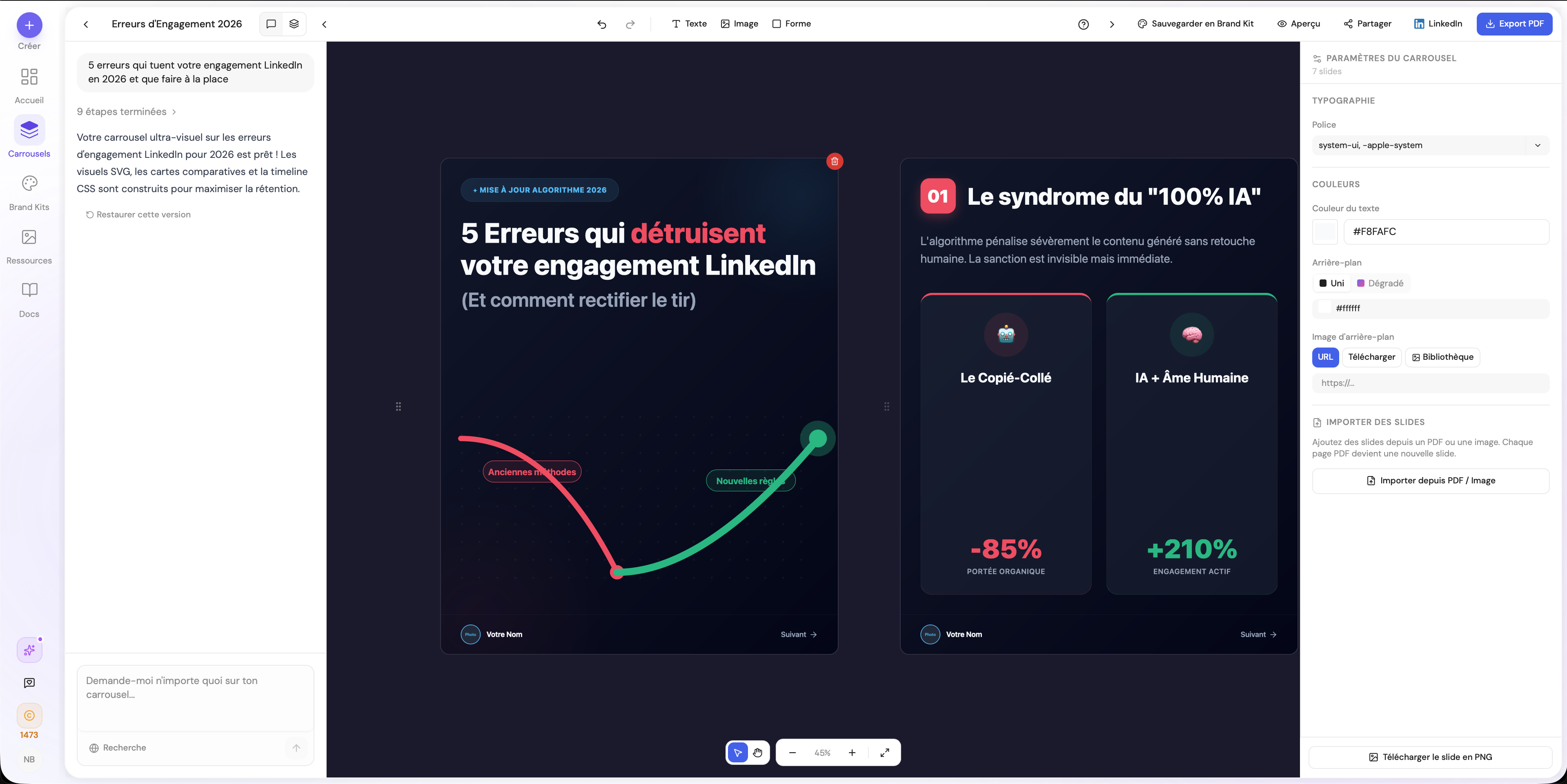 Carrousel généré par IA - texte et design complets en 30 secondes